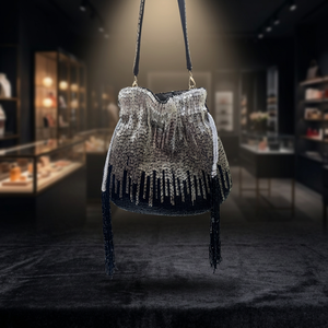 Pochette souple perlée avec embellissements de perles et franges, sac à bandoulière élégant pour soirée, motif or et blanc, écologique - Product Image 2