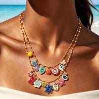 Collier superposé bohème avec breloque en émail, plaqué or 18 carats, pendentif multicolore peint à la main, double chaîne, bijoux en gros