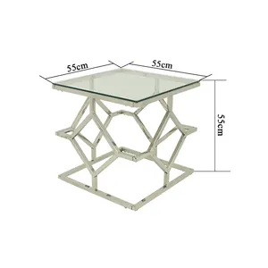 Table décorative de luxe moderne, base en acier inoxydable, à bout latéral, en verre, décoration