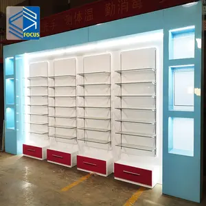 High Quality MDF Wood Laminate Pharmacy Shelving Systems Wholesale Tempered Glass Pharmacy Store Shelves For Pharmacy