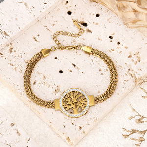 Bracelet pour femme en acier inoxydable plaqué or avec zircone cubique Arbre de Vie, chaîne maille épi réglable, bijou de mode - Product Image 1