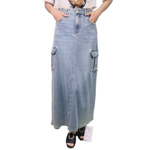 กระโปรงยีนส์เอวสูงสีพื้นผ้าฝ้ายมีกระเป๋า สไตล์ลำลองสำหรับผู้หญิง ขายดี - Product Image 1
