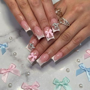 Faux ongles à presser faits main, forme cercueil moyenne, motifs 3D nœud et perle, designs variés pour mariage - Product Image 5
