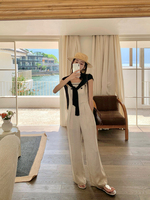 Combinaison longue élégante et ajustée pour femme en lin brodé personnalisable, idéale pour les pantalons décontractés à bretelles en été