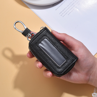 Porte-clés universel pour voiture avec fermeture éclair, en cuir PU texturé litchi, fenêtre transparente rectangulaire, porte-clés PVC personnalisé