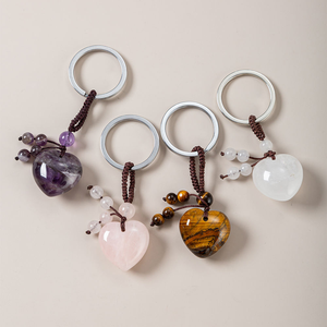 Factory 25mm Natural Tiger Eye Amethyst Love Heart Stone Pendant Keychain Healing Crystal Clear Quartz Pink Pendant Keychain