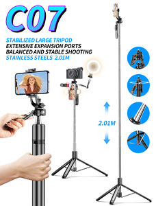 C07 Soporte de Teléfono <span class=keywords><strong>Celular</strong></span> con Rotación de 360 Grados, Trípode Extensible de <span class=keywords><strong>2</strong></span> <span class=keywords><strong>Metros</strong></span>, Palo Selfie <span class=keywords><strong>para</strong></span> Podcast - Product Image 1