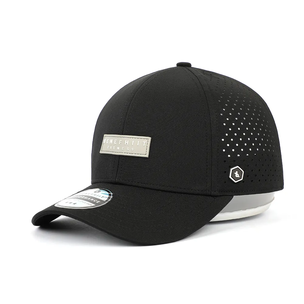 Изготовленный на заказ Высокое качество 6 Панель Quick Dry черный полиэстер спортивная бейсболка, мужская мода ПВХ логотип лазерная резка отверстие перфорированного папа шляпа