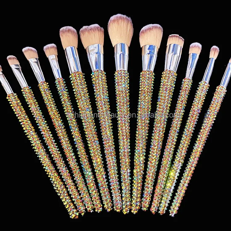 New Beautiful Design Style 12 Pcs Diamond Brushes Bling Foundation Rhinestone Makeup Brush Set