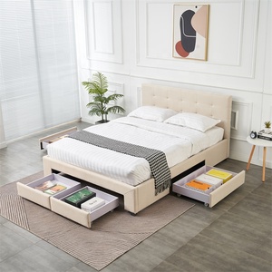 เตียงหุ้มเบาะสไตล์นอร์ดิก ขนาดควีนไซส์คู่/คิงไซส์ หัวเตียงนุ่มประดับกระดุม โครงไม้ พร้อมที่เก็บของ 4 ช่อง - Product Image 5