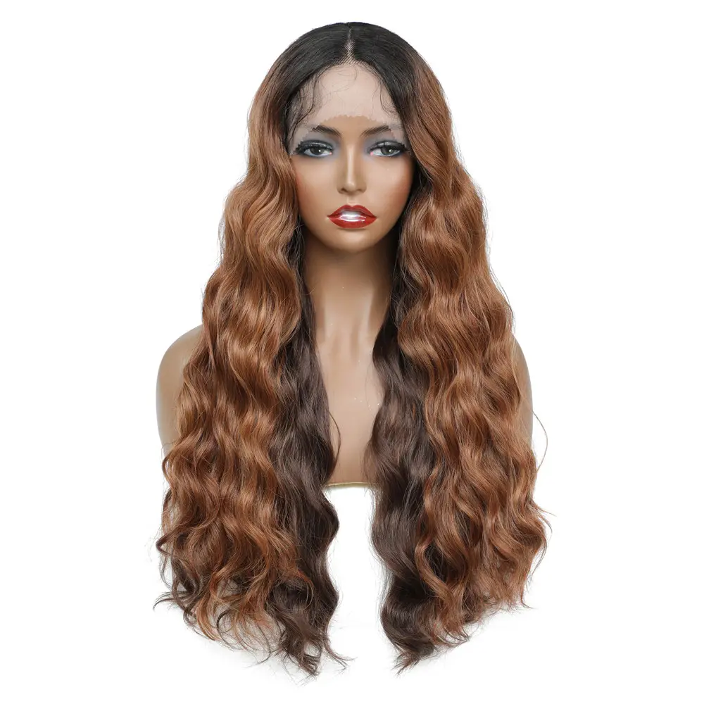 X-TRESS Long Natural Hairstyle Daily Use Middle Part Hair Wigs Loose Wavy Ombre Brown Synthetic Lace Front Wig For Black Women