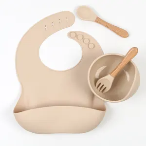Spill-Proof Baby Led Weaning First Stage Feeding Silicone Suction Plate Bowl Spoon Bibs BPA Free Silicone Baby Feeding Set