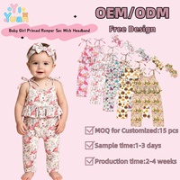 Combinaison longue à bretelles spaghetti et taille à volants pour bébés filles, motifs imprimés variés, avec bandeau décoratif à nœud, tenue pour usage quotidien