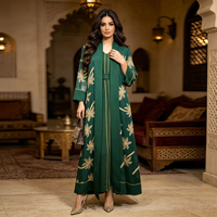 Schwerer Goldener Blumen-Bestickter Offener Umhang mit Innenvest und Gürtel Dubai Kaftan Muslimisches Kleid