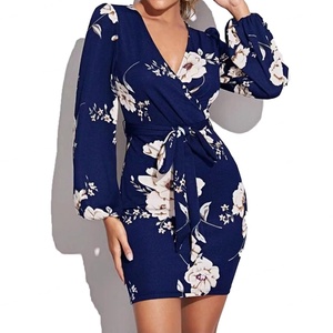Wholesale Custom High Quality Womens <b>Dress</b> New Arrival V-neck Printed Lace-up Drawstring Waist Slimming Hip <b>Dresses</b> - Product Image 1