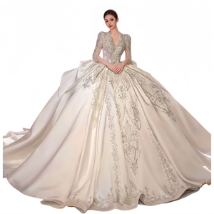 Pháp cổ điển dài tay áo váy cưới | thêu sang trọng với tàu lớn & cộng với kích thước hỗ trợ, ánh sáng sang trọng - Product Image 1