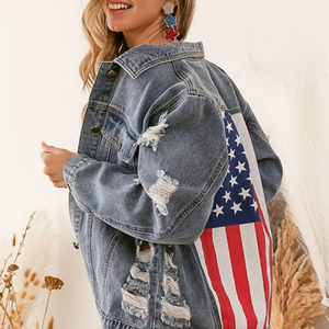 Loveda Custom Private Label Mujeres Ripped Frayed Jean Chaquetas 4 de <span class=keywords><strong>Julio</strong></span> Botón Abajo Bandera Americana Imprimir Chaquetas de mezclilla - Product Image 5