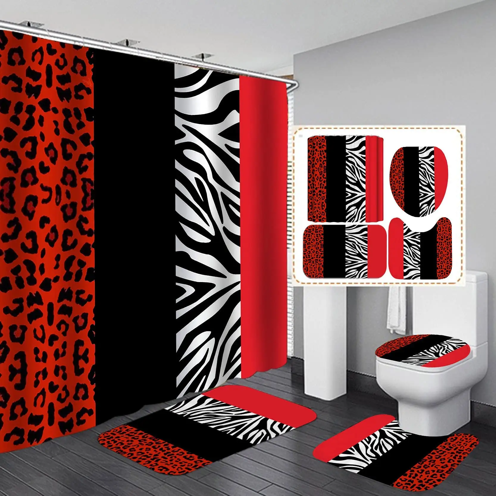 4PCS Leopard Print Shower Curtain Set Black White Red Splice Shower Curtain with 12 Hooks