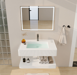 Mobile Bagno Moderno Minimalista con Lavabo in Pietra Artificiale, Montaggio a <span class=keywords><strong>Parete</strong></span>, Doppio Strato Integrato Senza Giunture, Effetto Pelle - Product Image 1
