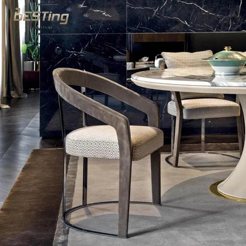 Modern luxury curved backrest velvet fabric metal legs luxury hotel dining room chair leather dinner arm chair