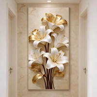 Décoration murale florale texturée moderne pour la maison, art mural vertical pour entrée, fleurs beiges neutres, peinture en porcelaine HD effet cristal