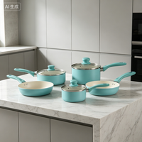 Set Peralatan Masak Anti Lengket 6 Buah Warna Turquoise |   Panci, wajan, tutup kaca, pegangan tahan panas, aman untuk mesin pencuci piring, ramah lingkungan
