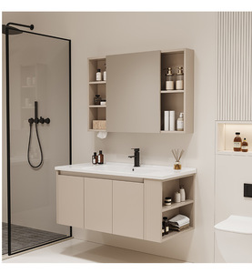 Wall Mounted Cream Bathroom Vanity Set Smart Mirror Cabinet <b>Side</b> Cabinet Ceramic Integrated Basin - Product Image 3