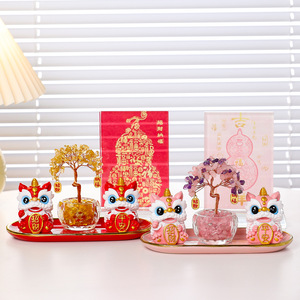 Happy Lion <b>Crystal</b> Money <b>Tree</b> Resin Decoration Chinese New Year Gift Home Office Ornament - Product Image 1