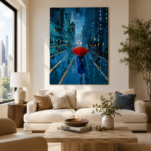 Peinture à l'huile artisanale sur toile, paysage urbain pluvieux, parapluie rouge, rue nocturne urbaine, <span class=keywords><strong>art</strong></span> mural pour la décoration de l'hôtel, du bureau, de l'appartement, du hall - Product Image 2
