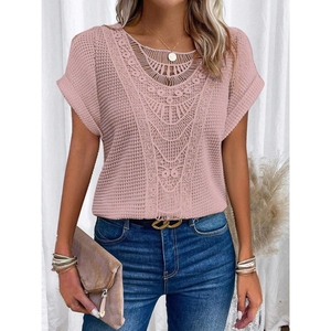 Factory Wholesale Casual Solid Color Sexy Lace Patchwork Short Sleeve T-shirt Princess Sleeve Shirts <b>Blouse</b> Fashion - Product Image 2