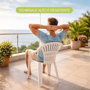 Set da pranzo con tavolo ovale e 6 sedie bianche in plastica con foro per ombrellone, braccioli impilabili, mobili da giardino - Product Image 5