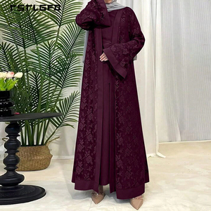 Luxury Burgundy Floral Lace Breathable Floor Length Open Abaya Set <b>Bell</b> Sleeve Inner Dress Modest Muslim Women Evening Party Two - Product Image 1