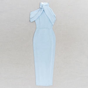 Abito Lungo Sexy da <span class=keywords><strong>Donna</strong></span> <span class=keywords><strong>Blu</strong></span> con Scollo a O Monospalla Drappeggiato Senza Maniche Vestito Aderente Elegante per Feste Serali - Product Image 4