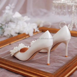 New Ladies White Stiletto Heel <b>Point</b> <b>Toe</b> High Heels Pumps Pearls Bow Outdoor Dress Shoes for Women - Product Image 3