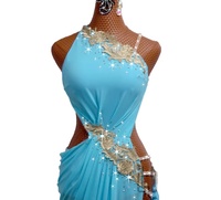 Robe de danse salsa et latine bleue asymétrique à strass et paillettes pour femme, tenue de compétition de danse de salon