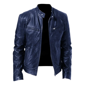 Men's Leather Motorcycle Jacket Slim Fit <b>Biker</b> Outerwear with Stand Collar and Utility Pockets Custom Manufacturing - Product Image 4