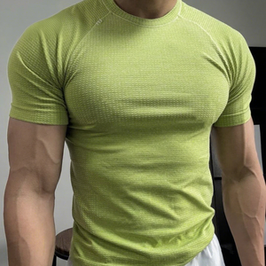 Camiseta de Manga Corta para Hombre, Talla Grande, Cuello Redondo, Diseño de Punto Waffle Verde, Compresión, Ecológica, Poliéster/Algodón de Alta Calidad - Product Image 4