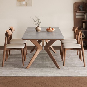 Ensemble de table et chaises de salle à manger rectangulaire en marbre et bois massif, style minimaliste et moderne, 4 à 6 places, design vintage complet. - Product Image 1