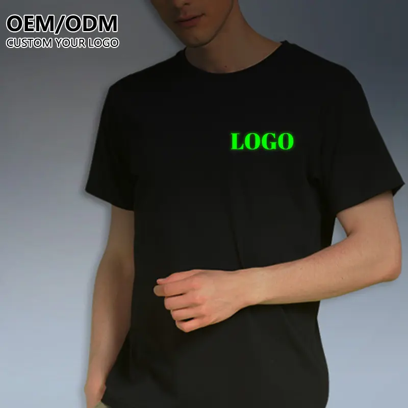 プレミアムコットンカスタム光るTシャツ発光ビニール印刷ロゴ反射Tシャツ暗闇で光るプラスサイズのメンズTシャツ