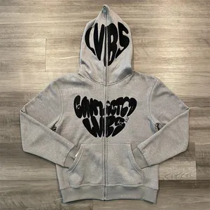 High Quality Y2k Cotton Custom Logo Double Layer Embroidery Patch Work Full Zip Up Hoodies