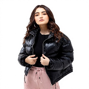 Black Puffer <b>Jacket</b> Stand Collar Zipper Closure Quilted Windproof Winter Coat Casual Style Short Length Unisex - Product Image 1