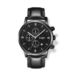 Op Maat Gemaakte Zwarte Chronograaf Mannen Horloges Van Horloge Fabriek Aangepaste Logo Lederen Band Chrono Horloges