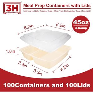กล่องเตรียมอาหาร 3H ขนาด 45 ออนซ์ แบบ 3 ช่อง 100 กล่อง/ลัง, 200 ชิ้น พร้อมฝาปิด, กล่องอาหารแบบพกพา, ใช้กับไมโครเวฟ/เครื่องล้างจาน/ช่องแช่แข็งได้ - Product Image 2