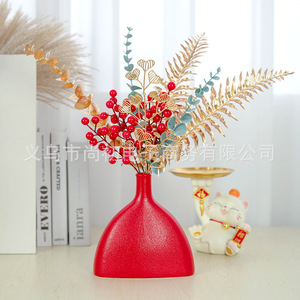 กระเช้าผลไม้ประดิษฐ์สีแดงพร้อมใบไม้สีทอง ของตกแต่งพลาสติกสำหรับบ้าน งานแต่งงาน งานขึ้นบ้านใหม่ - Product Image 3