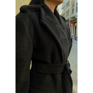 Manteau long en laine d'alpaga noir, fermeture simple boutonnage, ceinture, doublure en lin - Manteau chaud d'hiver rembourré en cachemire, motif en fourrure de mouton - Product Image 5