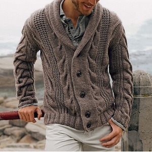 Mode Automne-Hiver pour Hommes, Manteaux en Tricot Jacqu Okitsu Uni, Boutons, Style Revers, Cardigan pour la Saison Printemps - Product Image 3