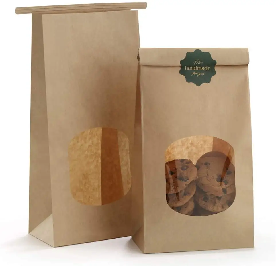 Özel baskı logosu 4.5x2.36x9.6 "kalay kravat kilit kahverengi pencere Kraft kağıt hediye çantası için ekmek çerez