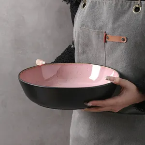 Mangkuk Pasta besar 11 inci Restoran Stoneware glasir reaktif Salad buah keramik porselen mangkuk bulat untuk dapur