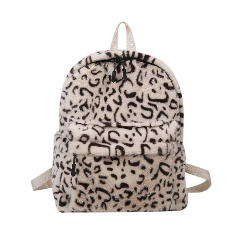 Wholesale Trendy Plush Leopard Pattern Junior High School Backpacks Teenager Girls Fluffy Book School Bag Women Backpack
