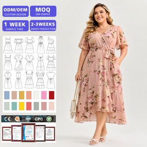 Robe mi-longue décontractée à fleurs pour femmes grandes tailles, col en V, manches volantées, avec ceinture à nouer – Vente en gros - Product Image 1
